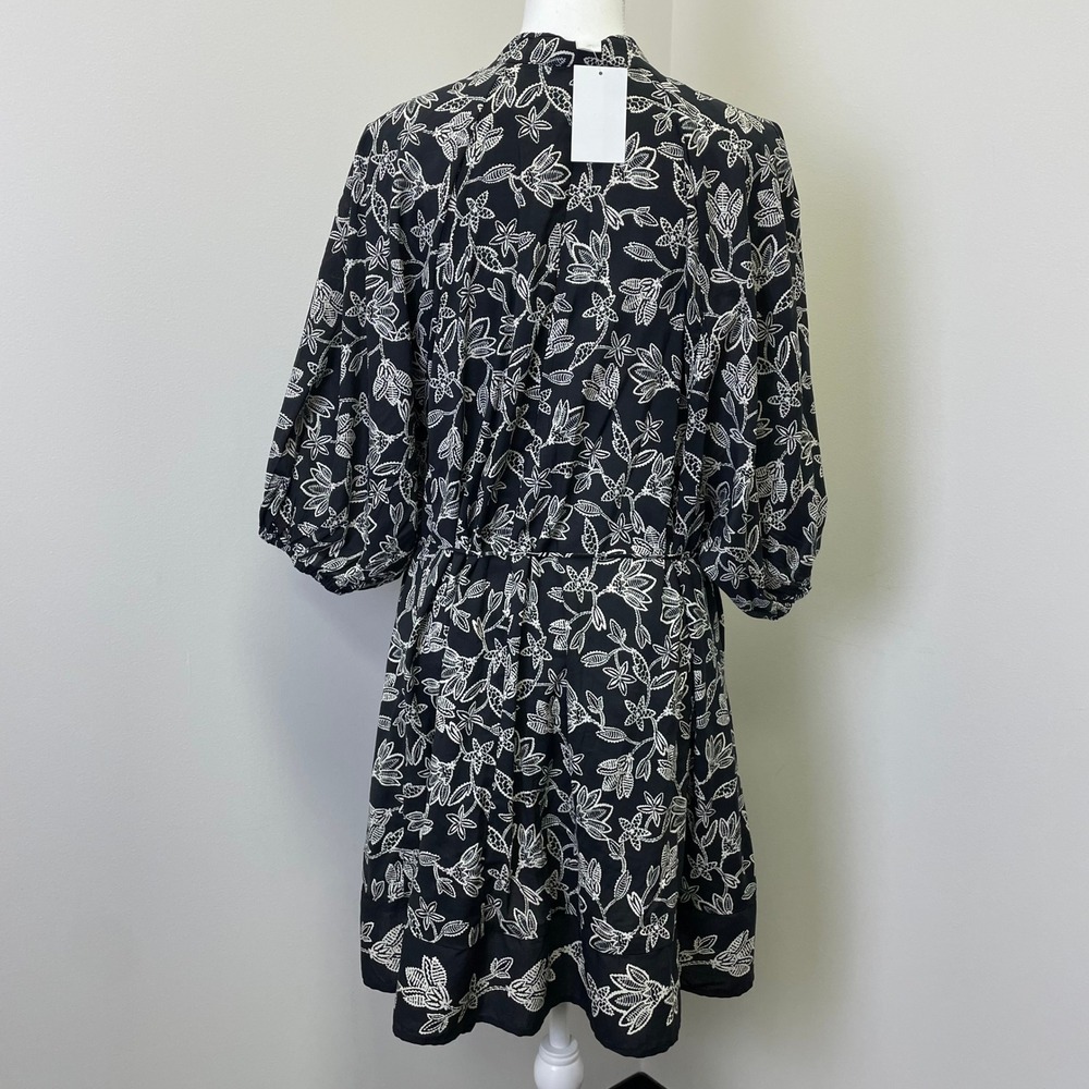 NEW HM Black White Floral Lace Print Button Front Mini Dress L Puff Sleeve - Picture 5 of 15